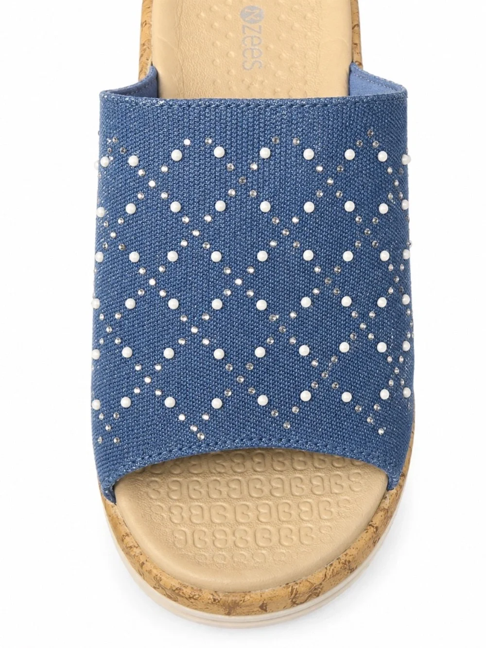Bzees Blue Embellished Cork-Style Wedge Slide Sandals Size 6.5M